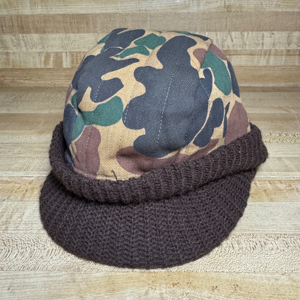 Vintage‎ 80's Duck Camo Quilted Hunting Cap Brown Knit Brim Hat Mens Camouflage